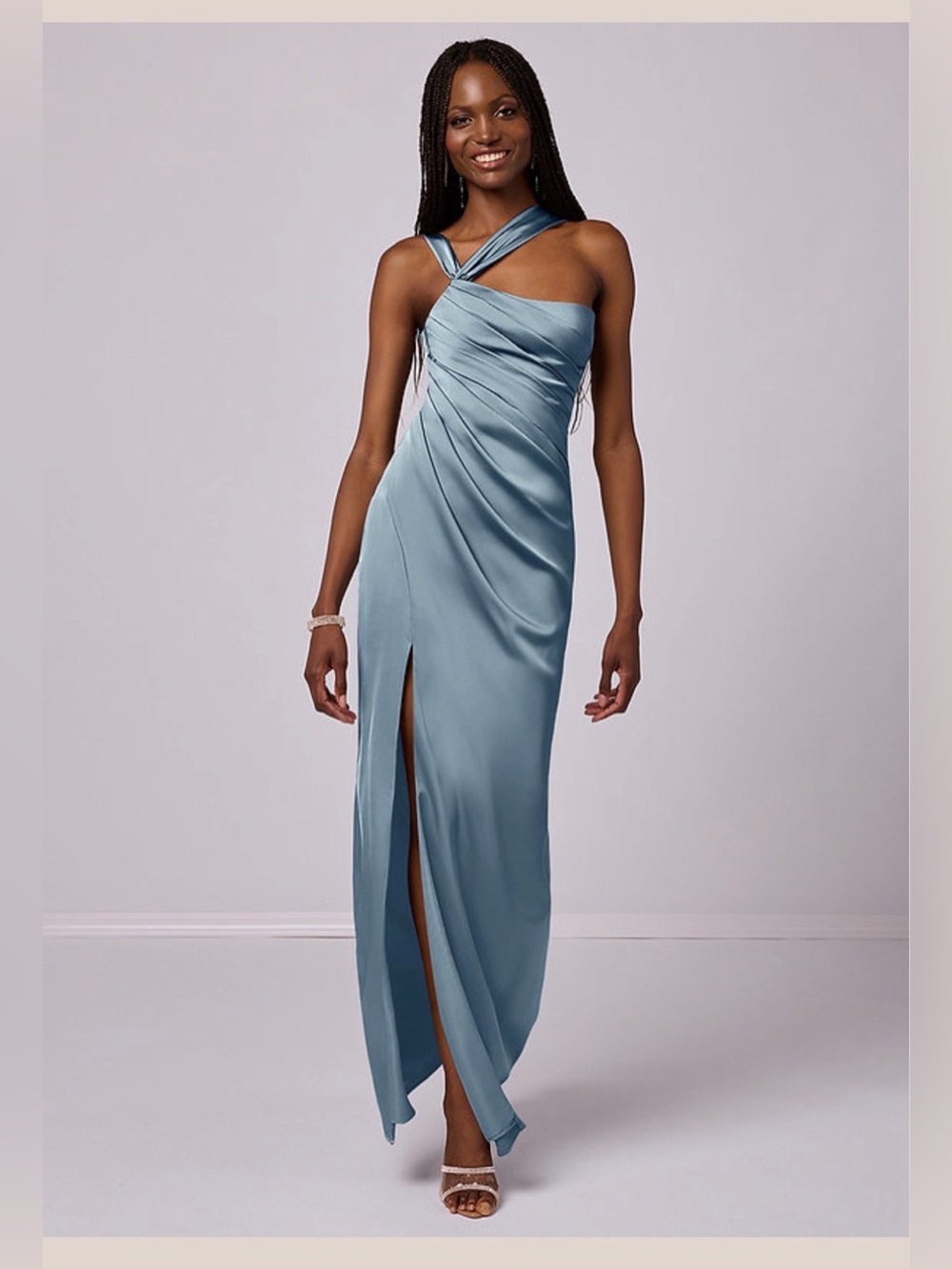 Azazie Dusty Blue Stretch Satin Size 6